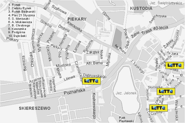 Mapa ( Plan ) Gniezna. Lokalizacje LOTTO Gniezno. Gniezno - Wielkopolska.  
  
   Warstwa LOTTO prezentuje lokalizacje gnienieskich lottomatw w postaci umieszczonego znaku graficznego LOTTO. Po najechaniu kursorem myszy na znak graficzny pojawia si nazwa i adres lokalizowanego lottomatu (IE), a po klikniciu w niektre loga otwiera dodatkowe okienko z opisem kolektury, danymi teleadresowymi i godzinami otwarcia. Mapa wykonana jest w skali 1:10 000 - warstwa LOTTO.

Gniezno - lokalizacje lottomatw ( LOTTO ) Internetowego Planu Gniezna serwisu Cyber Wielkopolska.