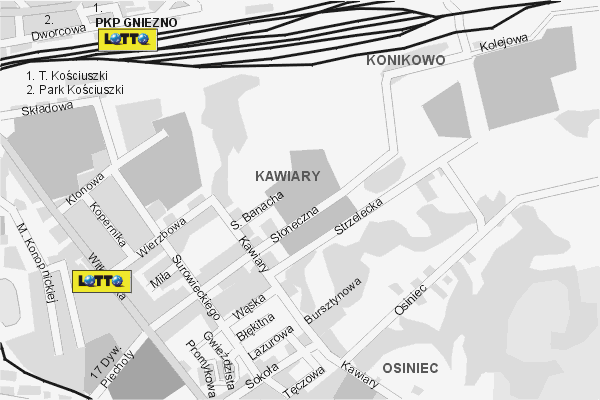 Mapa ( Plan ) Gniezna. Lokalizacje LOTTO Gniezno. Gniezno - Wielkopolska.  
  
   Warstwa LOTTO prezentuje lokalizacje gnienieskich lottomatw w postaci umieszczonego znaku graficznego LOTTO. Po najechaniu kursorem myszy na znak graficzny pojawia si nazwa i adres lokalizowanego lottomatu (IE), a po klikniciu w niektre loga otwiera dodatkowe okienko z opisem kolektury, danymi teleadresowymi i godzinami otwarcia. Mapa wykonana jest w skali 1:10 000 - warstwa LOTTO.

Gniezno - lokalizacje lottomatw ( LOTTO ) Internetowego Planu Gniezna serwisu Cyber Wielkopolska.